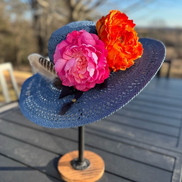 Accessories - Elegant Blue Summer/Derby Party Hat with feathers & Pink and Orange Flowers